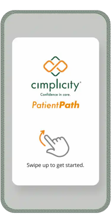 Animated walkthrough of the CIMplicity PatientPath app, from swipe up to progress tracking