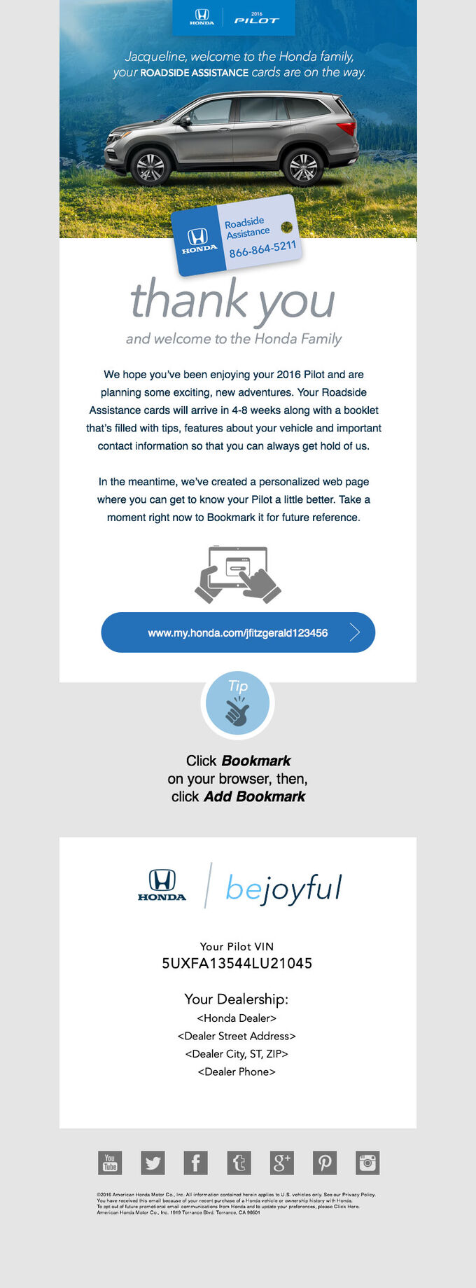 Thank you and roadside assistance email